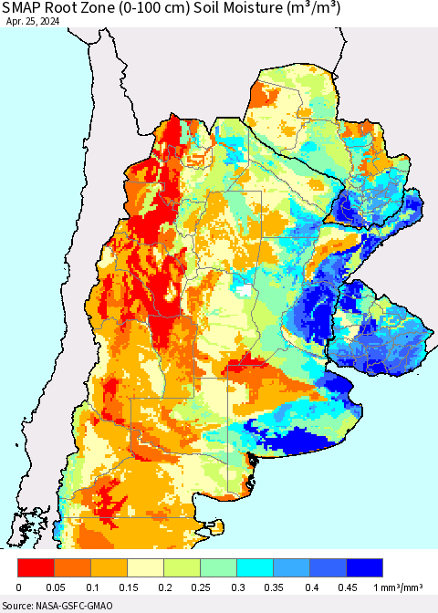 Southern South America SMAP Root Zone (0-100 cm) Soil Moisture (m³/m³) Thematic Map For 4/21/2024 - 4/25/2024