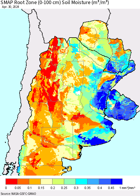 Southern South America SMAP Root Zone (0-100 cm) Soil Moisture (m³/m³) Thematic Map For 4/26/2024 - 4/30/2024