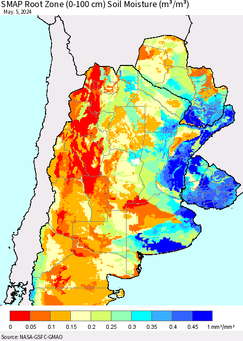 Southern South America SMAP Root Zone (0-100 cm) Soil Moisture (m³/m³) Thematic Map For 5/1/2024 - 5/5/2024