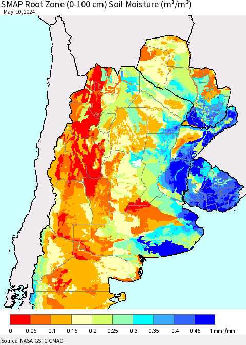 Southern South America SMAP Root Zone (0-100 cm) Soil Moisture (m³/m³) Thematic Map For 5/6/2024 - 5/10/2024