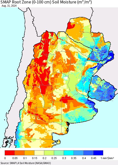 Southern South America SMAP Root Zone (0-100 cm) Soil Moisture (m³/m³) Thematic Map For 8/26/2024 - 8/31/2024