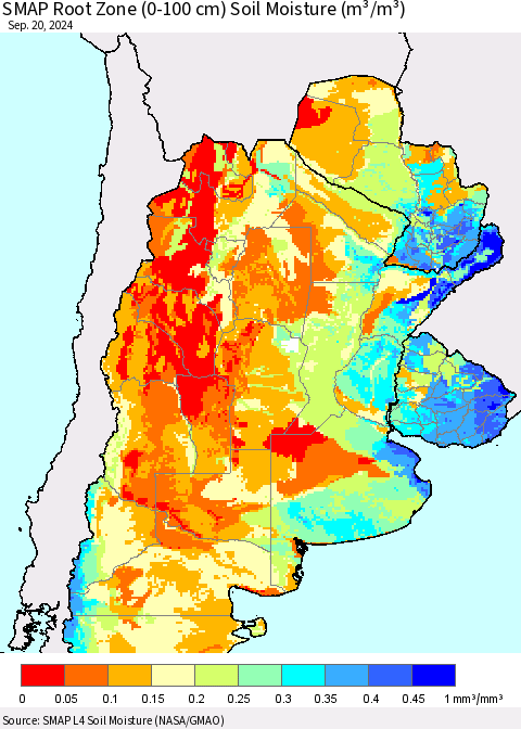 Southern South America SMAP Root Zone (0-100 cm) Soil Moisture (m³/m³) Thematic Map For 9/16/2024 - 9/20/2024