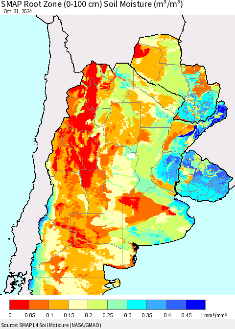 Southern South America SMAP Root Zone (0-100 cm) Soil Moisture (m³/m³) Thematic Map For 10/26/2024 - 10/31/2024
