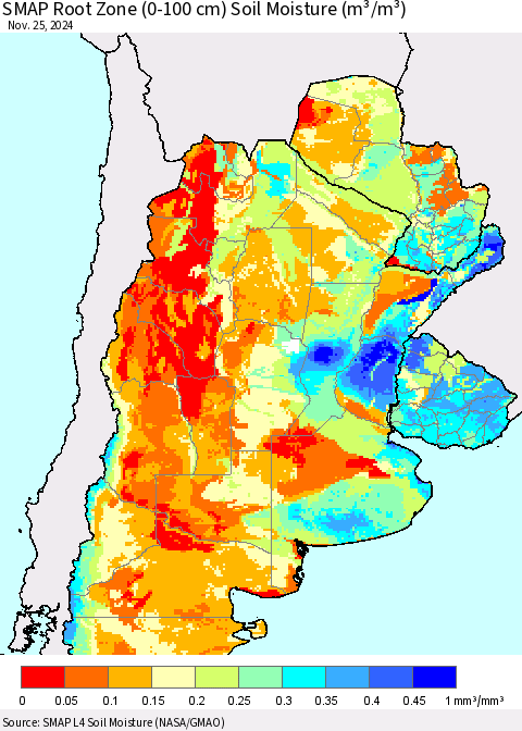 Southern South America SMAP Root Zone (0-100 cm) Soil Moisture (m³/m³) Thematic Map For 11/21/2024 - 11/25/2024
