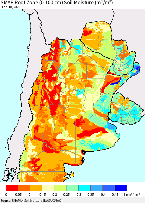 Southern South America SMAP Root Zone (0-100 cm) Soil Moisture (m³/m³) Thematic Map For 2/6/2025 - 2/10/2025