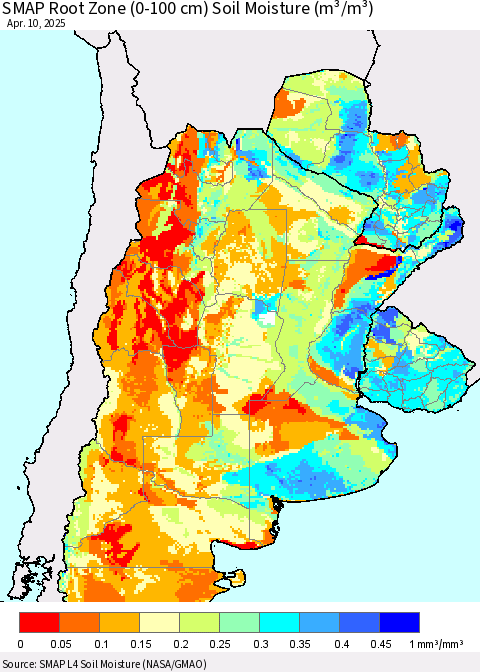 Southern South America SMAP Root Zone (0-100 cm) Soil Moisture (m³/m³) Thematic Map For 4/6/2025 - 4/10/2025