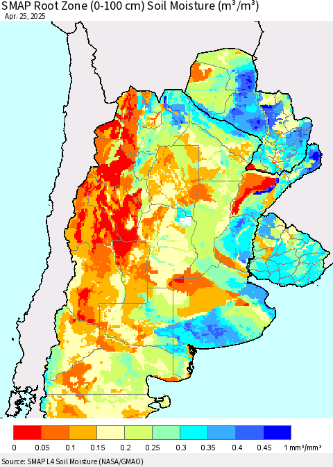 Southern South America SMAP Root Zone (0-100 cm) Soil Moisture (m³/m³) Thematic Map For 4/21/2025 - 4/25/2025