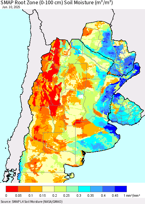 Southern South America SMAP Root Zone (0-100 cm) Soil Moisture (m³/m³) Thematic Map For 6/6/2025 - 6/10/2025