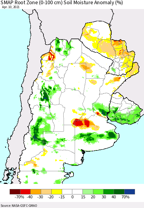 Southern South America SMAP Root Zone (0-100 cm) Soil Moisture Anomaly (%) Thematic Map For 4/6/2021 - 4/10/2021