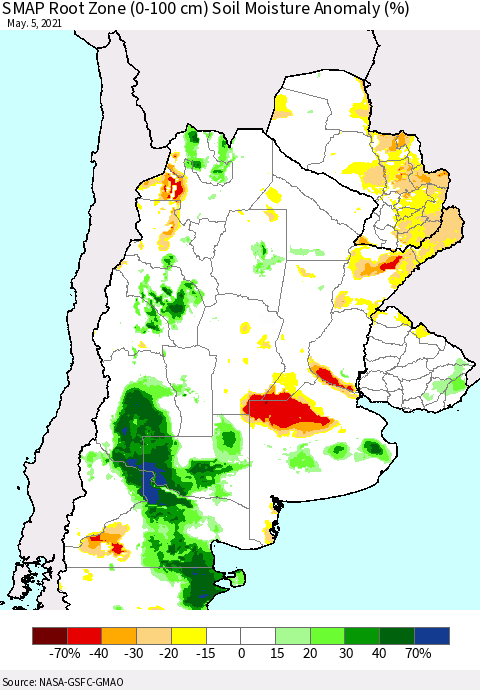 Southern South America SMAP Root Zone (0-100 cm) Soil Moisture Anomaly (%) Thematic Map For 5/1/2021 - 5/5/2021