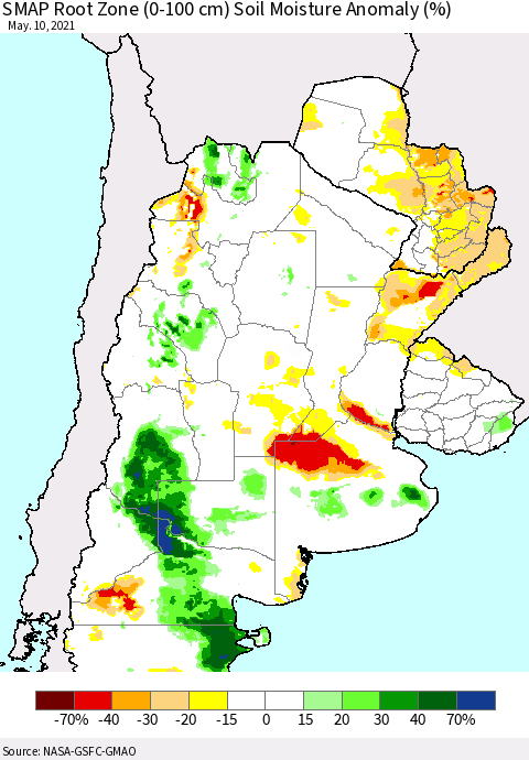 Southern South America SMAP Root Zone (0-100 cm) Soil Moisture Anomaly (%) Thematic Map For 5/6/2021 - 5/10/2021