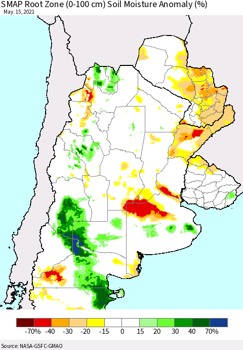 Southern South America SMAP Root Zone (0-100 cm) Soil Moisture Anomaly (%) Thematic Map For 5/11/2021 - 5/15/2021