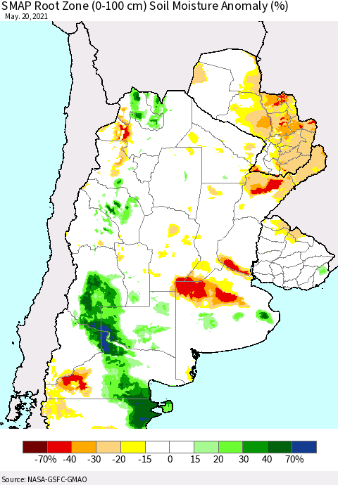 Southern South America SMAP Root Zone (0-100 cm) Soil Moisture Anomaly (%) Thematic Map For 5/16/2021 - 5/20/2021