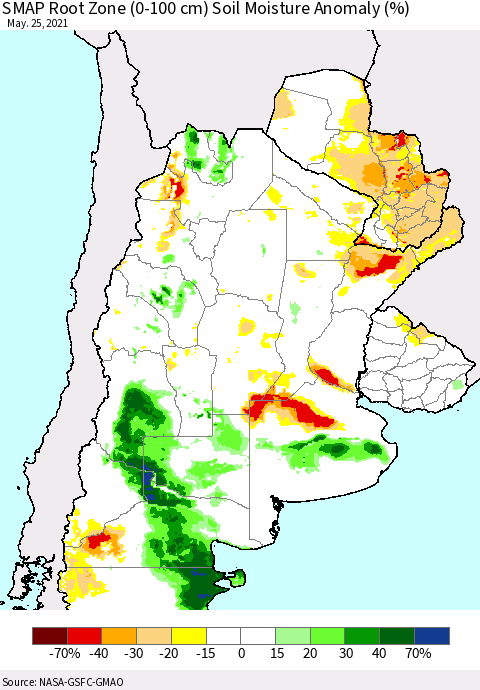 Southern South America SMAP Root Zone (0-100 cm) Soil Moisture Anomaly (%) Thematic Map For 5/21/2021 - 5/25/2021