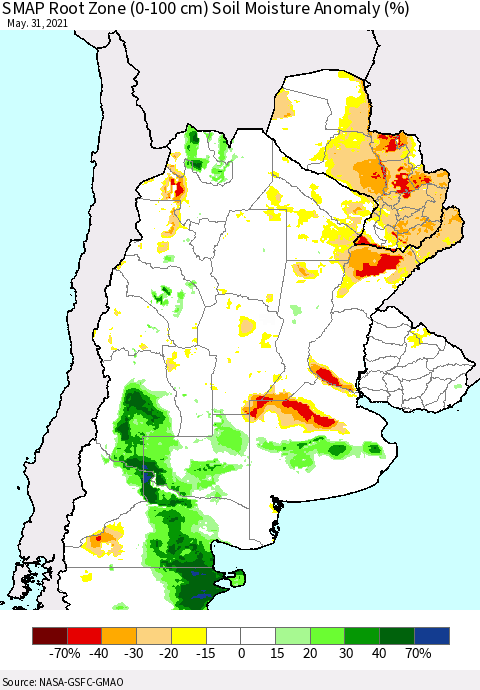 Southern South America SMAP Root Zone (0-100 cm) Soil Moisture Anomaly (%) Thematic Map For 5/26/2021 - 5/31/2021