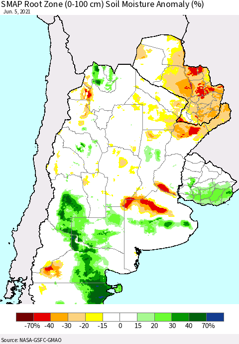 Southern South America SMAP Root Zone (0-100 cm) Soil Moisture Anomaly (%) Thematic Map For 6/1/2021 - 6/5/2021