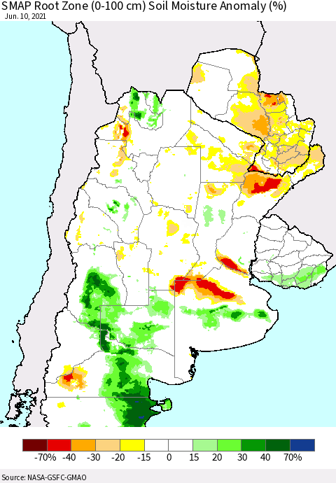 Southern South America SMAP Root Zone (0-100 cm) Soil Moisture Anomaly (%) Thematic Map For 6/6/2021 - 6/10/2021