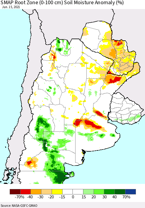 Southern South America SMAP Root Zone (0-100 cm) Soil Moisture Anomaly (%) Thematic Map For 6/11/2021 - 6/15/2021