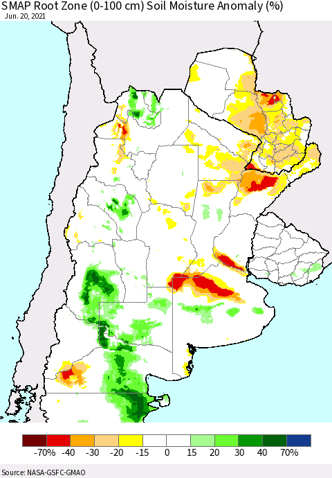 Southern South America SMAP Root Zone (0-100 cm) Soil Moisture Anomaly (%) Thematic Map For 6/16/2021 - 6/20/2021