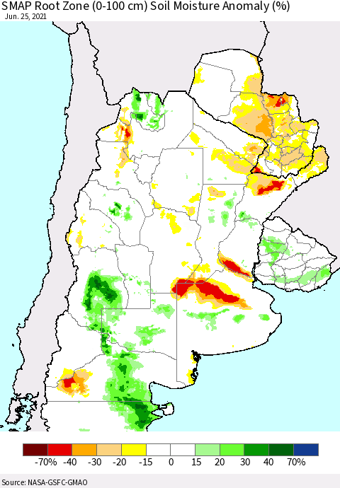 Southern South America SMAP Root Zone (0-100 cm) Soil Moisture Anomaly (%) Thematic Map For 6/21/2021 - 6/25/2021
