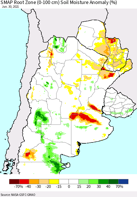 Southern South America SMAP Root Zone (0-100 cm) Soil Moisture Anomaly (%) Thematic Map For 6/26/2021 - 6/30/2021