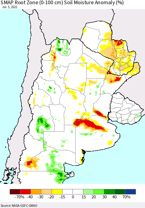 Southern South America SMAP Root Zone (0-100 cm) Soil Moisture Anomaly (%) Thematic Map For 7/1/2021 - 7/5/2021