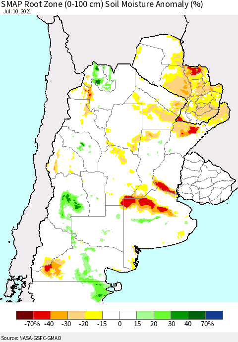 Southern South America SMAP Root Zone (0-100 cm) Soil Moisture Anomaly (%) Thematic Map For 7/6/2021 - 7/10/2021