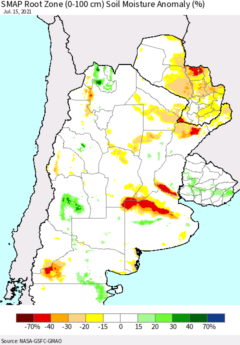 Southern South America SMAP Root Zone (0-100 cm) Soil Moisture Anomaly (%) Thematic Map For 7/11/2021 - 7/15/2021