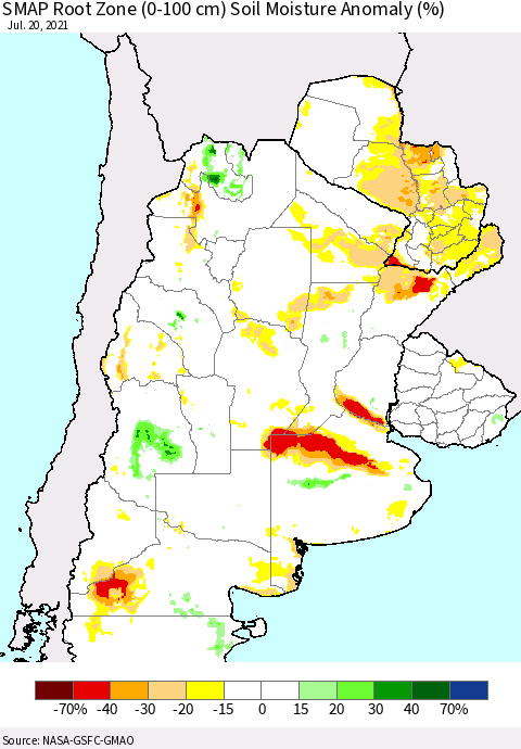 Southern South America SMAP Root Zone (0-100 cm) Soil Moisture Anomaly (%) Thematic Map For 7/16/2021 - 7/20/2021