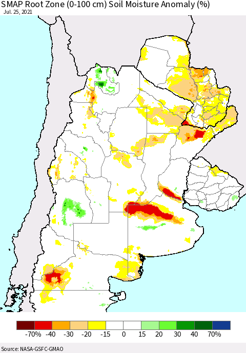 Southern South America SMAP Root Zone (0-100 cm) Soil Moisture Anomaly (%) Thematic Map For 7/21/2021 - 7/25/2021