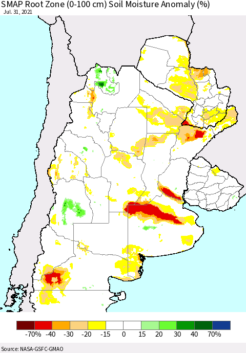 Southern South America SMAP Root Zone (0-100 cm) Soil Moisture Anomaly (%) Thematic Map For 7/26/2021 - 7/31/2021