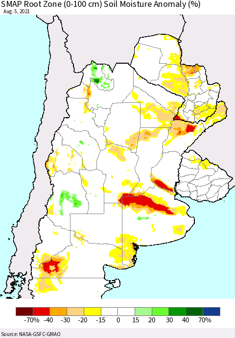 Southern South America SMAP Root Zone (0-100 cm) Soil Moisture Anomaly (%) Thematic Map For 8/1/2021 - 8/5/2021