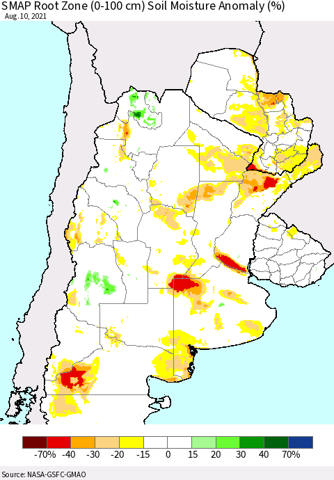 Southern South America SMAP Root Zone (0-100 cm) Soil Moisture Anomaly (%) Thematic Map For 8/6/2021 - 8/10/2021