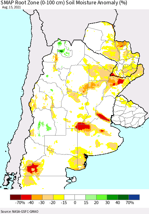 Southern South America SMAP Root Zone (0-100 cm) Soil Moisture Anomaly (%) Thematic Map For 8/11/2021 - 8/15/2021