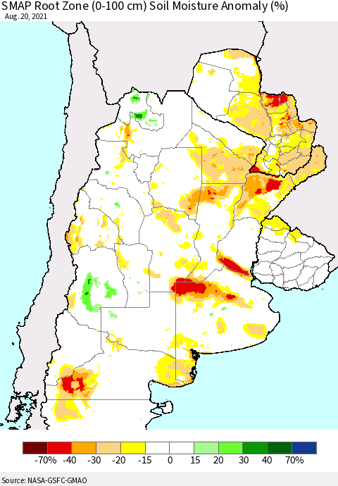 Southern South America SMAP Root Zone (0-100 cm) Soil Moisture Anomaly (%) Thematic Map For 8/16/2021 - 8/20/2021