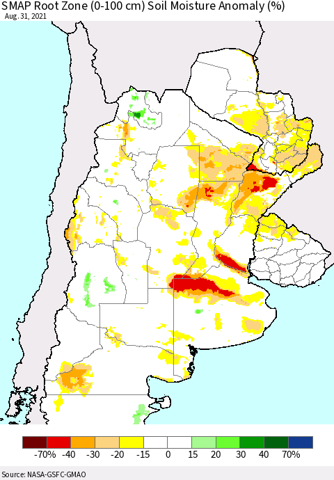 Southern South America SMAP Root Zone (0-100 cm) Soil Moisture Anomaly (%) Thematic Map For 8/26/2021 - 8/31/2021