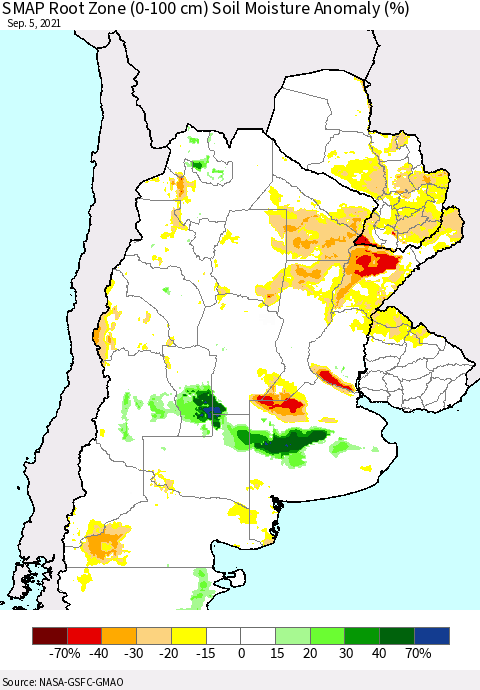 Southern South America SMAP Root Zone (0-100 cm) Soil Moisture Anomaly (%) Thematic Map For 9/1/2021 - 9/5/2021
