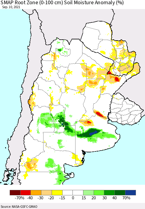 Southern South America SMAP Root Zone (0-100 cm) Soil Moisture Anomaly (%) Thematic Map For 9/6/2021 - 9/10/2021