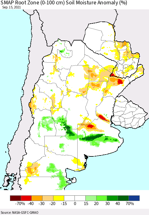 Southern South America SMAP Root Zone (0-100 cm) Soil Moisture Anomaly (%) Thematic Map For 9/11/2021 - 9/15/2021