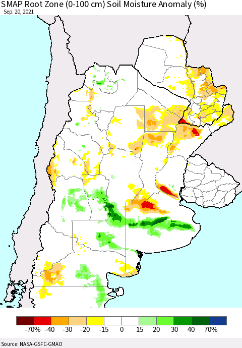 Southern South America SMAP Root Zone (0-100 cm) Soil Moisture Anomaly (%) Thematic Map For 9/16/2021 - 9/20/2021