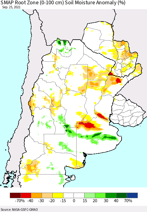 Southern South America SMAP Root Zone (0-100 cm) Soil Moisture Anomaly (%) Thematic Map For 9/21/2021 - 9/25/2021