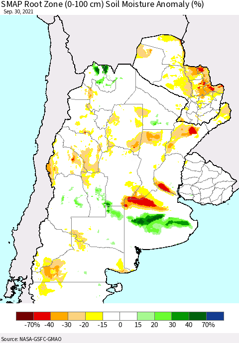 Southern South America SMAP Root Zone (0-100 cm) Soil Moisture Anomaly (%) Thematic Map For 9/26/2021 - 9/30/2021