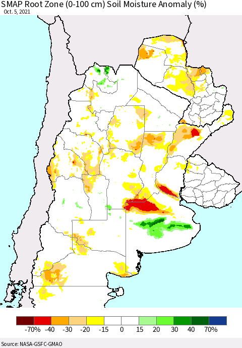 Southern South America SMAP Root Zone (0-100 cm) Soil Moisture Anomaly (%) Thematic Map For 10/1/2021 - 10/5/2021