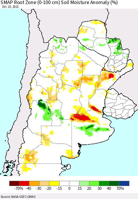 Southern South America SMAP Root Zone (0-100 cm) Soil Moisture Anomaly (%) Thematic Map For 10/6/2021 - 10/10/2021