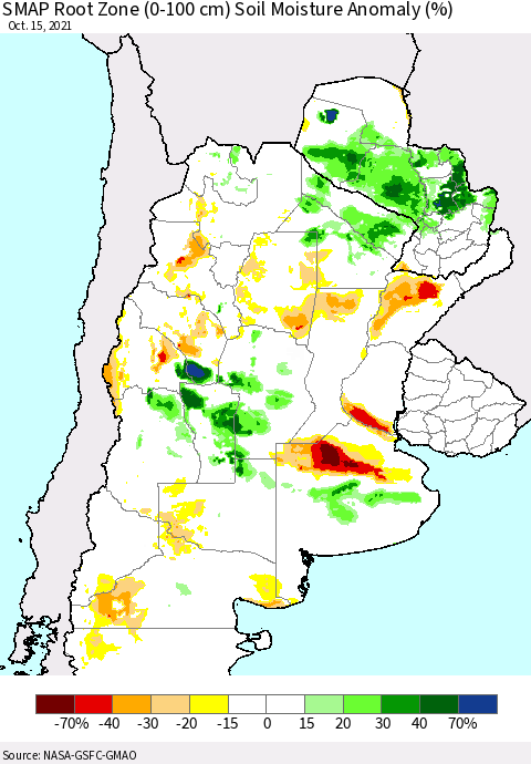 Southern South America SMAP Root Zone (0-100 cm) Soil Moisture Anomaly (%) Thematic Map For 10/11/2021 - 10/15/2021