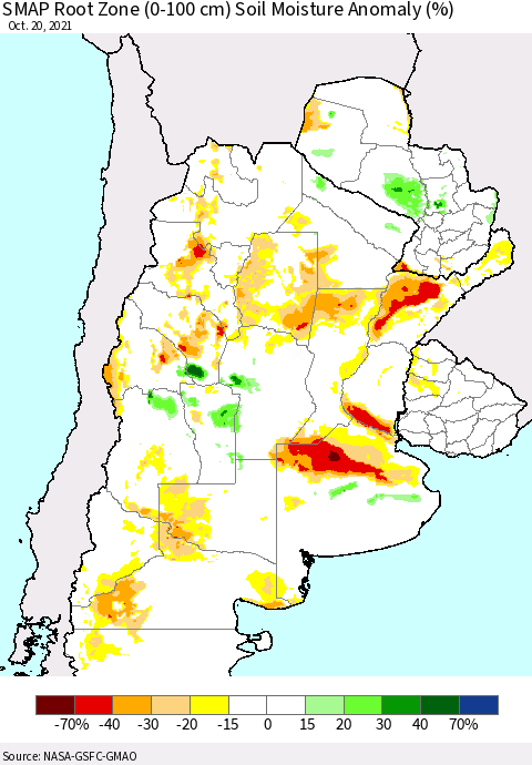 Southern South America SMAP Root Zone (0-100 cm) Soil Moisture Anomaly (%) Thematic Map For 10/16/2021 - 10/20/2021