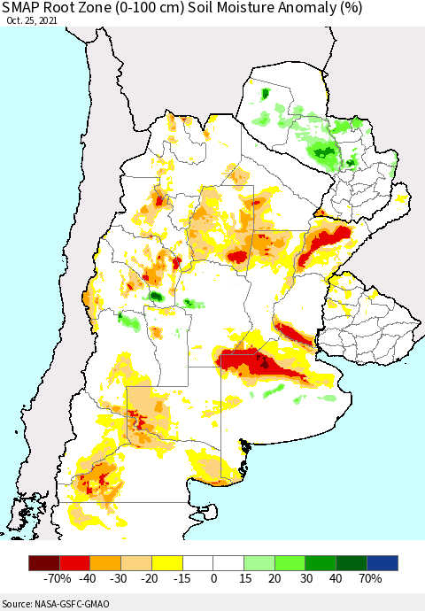 Southern South America SMAP Root Zone (0-100 cm) Soil Moisture Anomaly (%) Thematic Map For 10/21/2021 - 10/25/2021