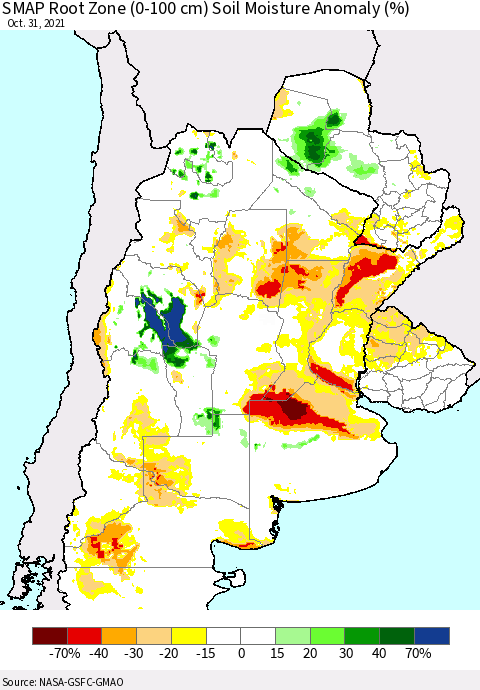 Southern South America SMAP Root Zone (0-100 cm) Soil Moisture Anomaly (%) Thematic Map For 10/26/2021 - 10/31/2021