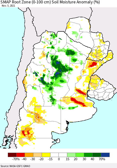 Southern South America SMAP Root Zone (0-100 cm) Soil Moisture Anomaly (%) Thematic Map For 11/1/2021 - 11/5/2021