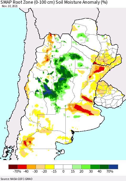 Southern South America SMAP Root Zone (0-100 cm) Soil Moisture Anomaly (%) Thematic Map For 11/6/2021 - 11/10/2021